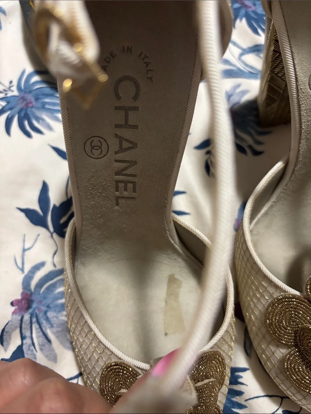 CHANEL Cream and Gold Camellia Ankle-Strap Heels